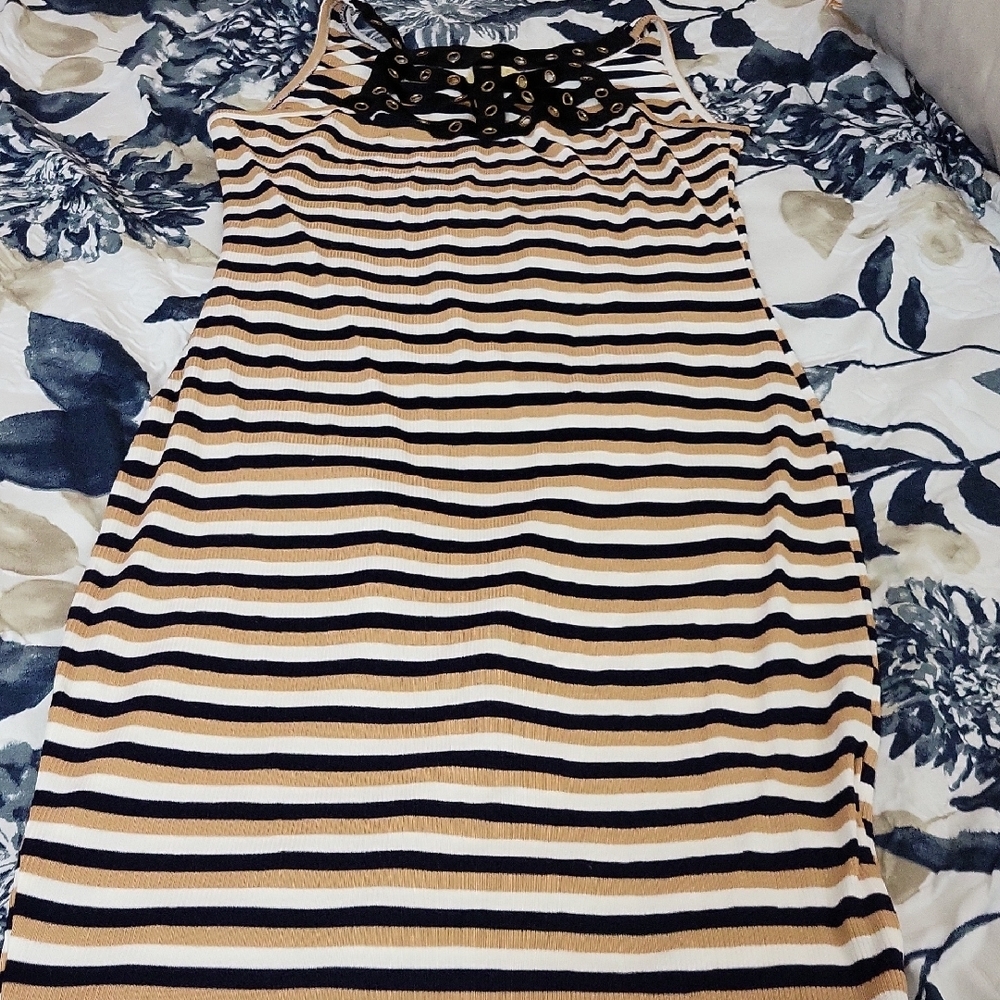 Striped Sleeveless Dress with Black and Tan Accents